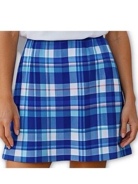 LL Bean Madras Plaid Skirt Blue Cotton A Line Preppy Size 14 Petite